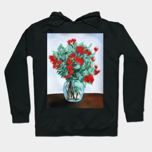 Red Native Flowers in Vase with Ice Blue Background Hoodie